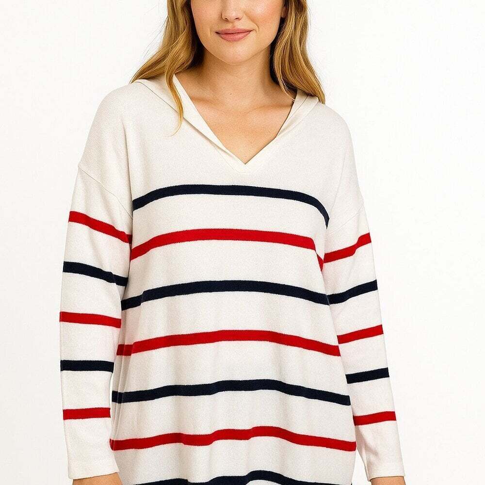 Rachel Zoe Striped Hooded Pullover Sweater Blue Red Knit Women Small Preppy